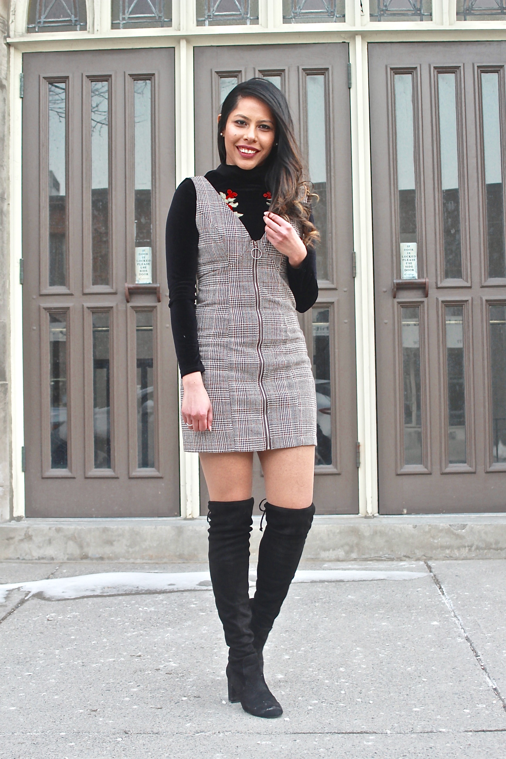 pinafore dress and boots